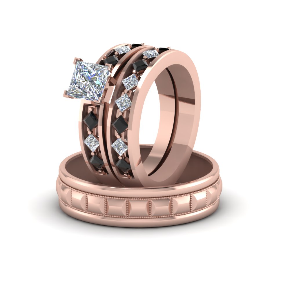 Princess Shaped Trio Wedding Ring Sets For Him And Her with Black Diamond in 14K Rose Gold