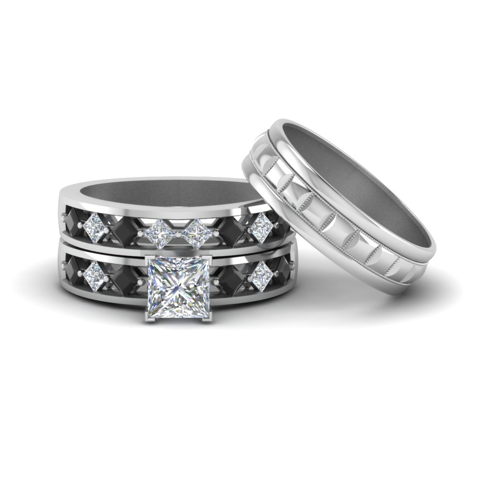 Princess Cut Trio Wedding Ring Sets For Him And Her With