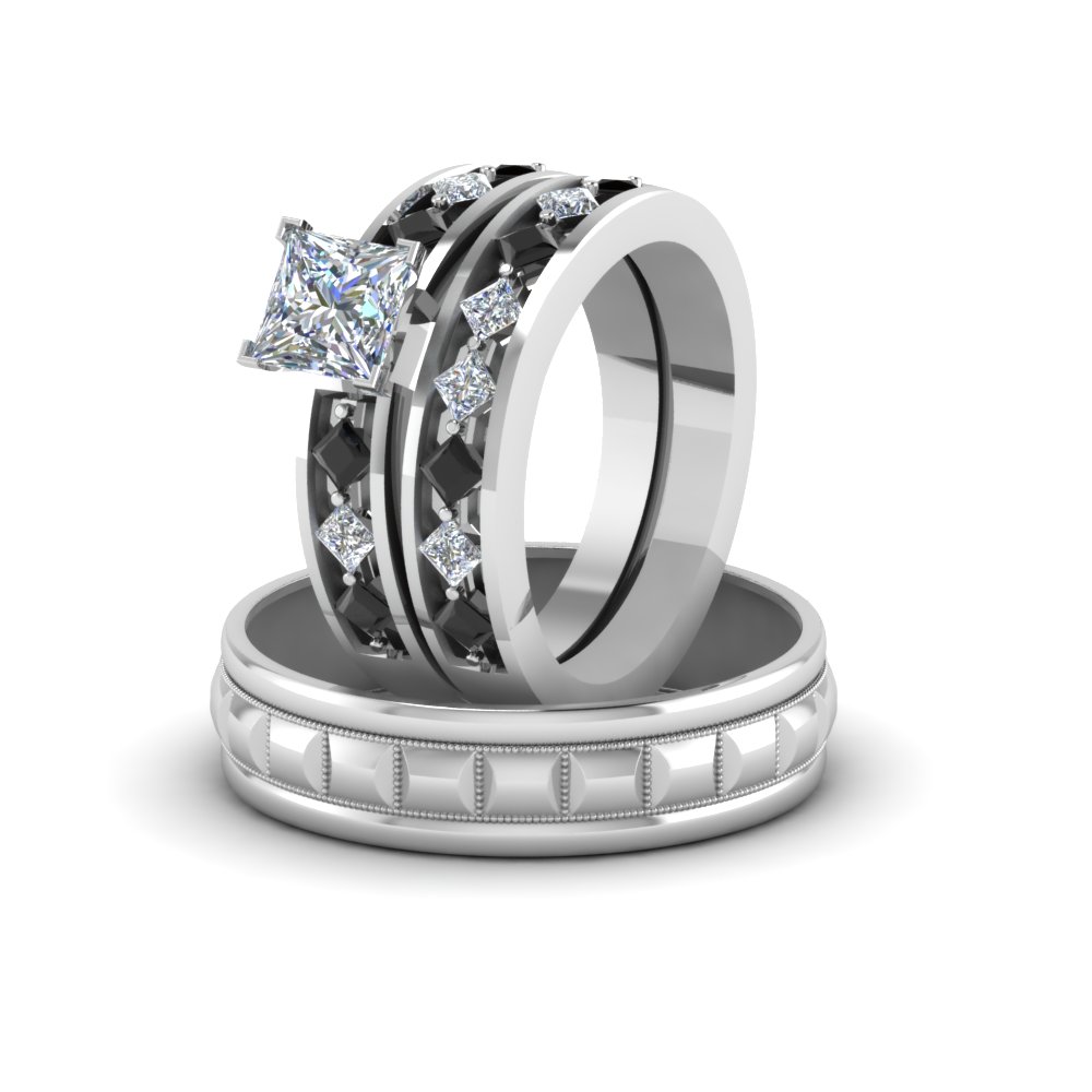 Princess Cut Trio Wedding Ring Sets For Him And Her With