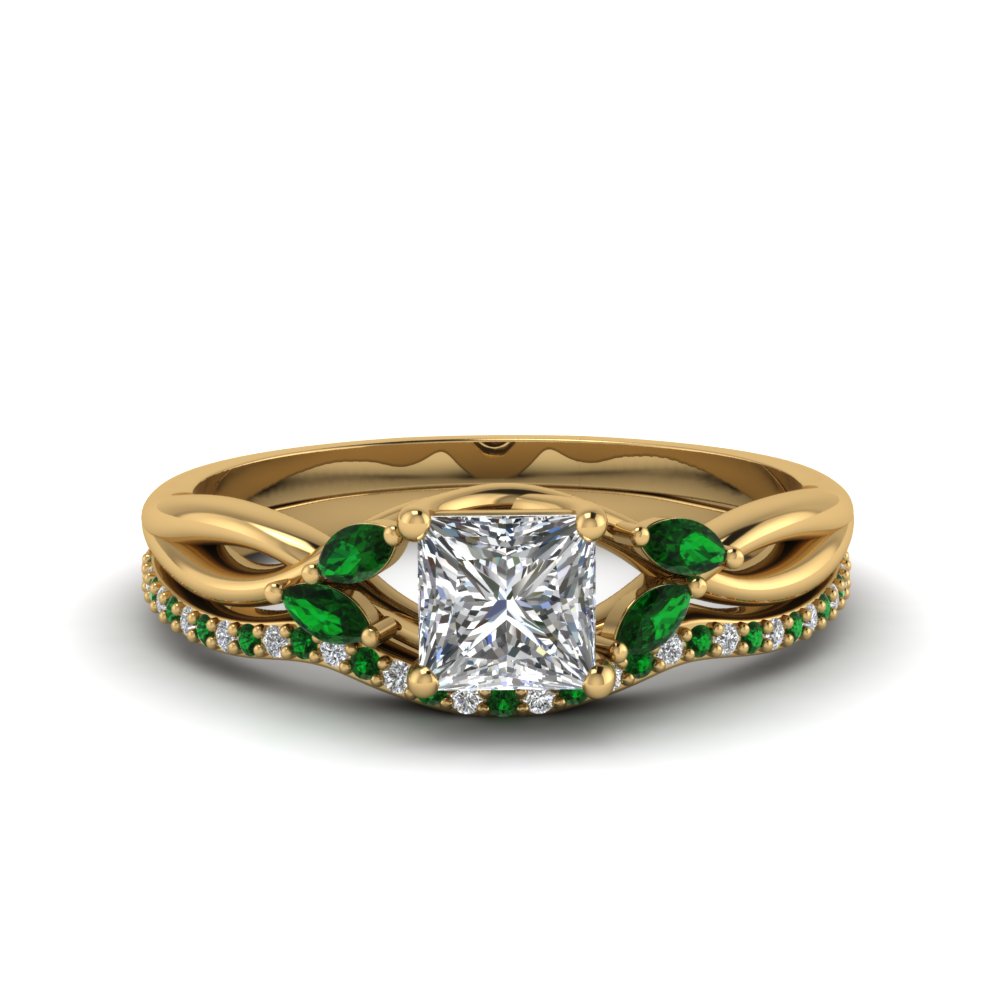 Princess  Cut  Twisted Diamond Bridal  Set  With Emerald In 