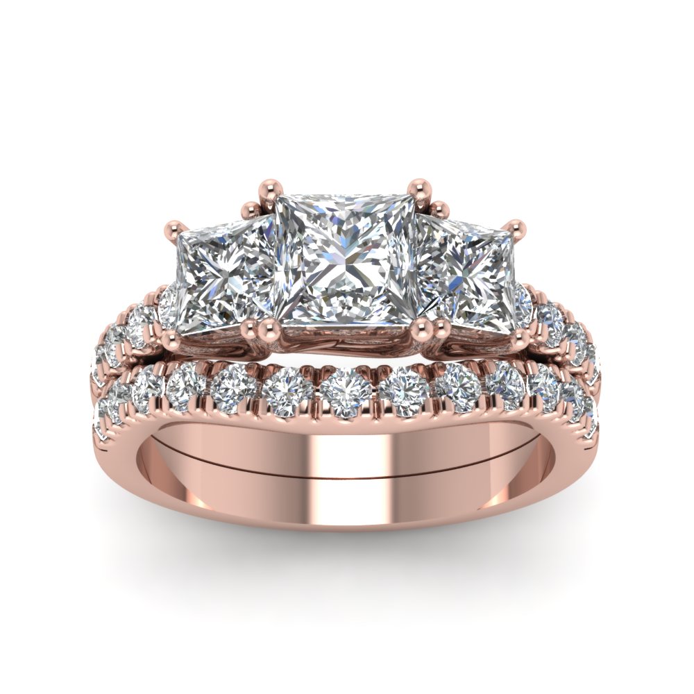 Princess Cut U Prong Diamond Accented Wedding Ring Set In 14K Rose Gold ...