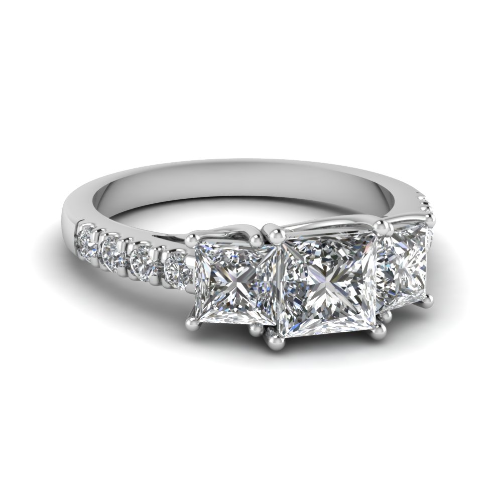 princess cut u prong three stone diamond accented engagement ring in 14K white gold FDENS1218PRR NL WG