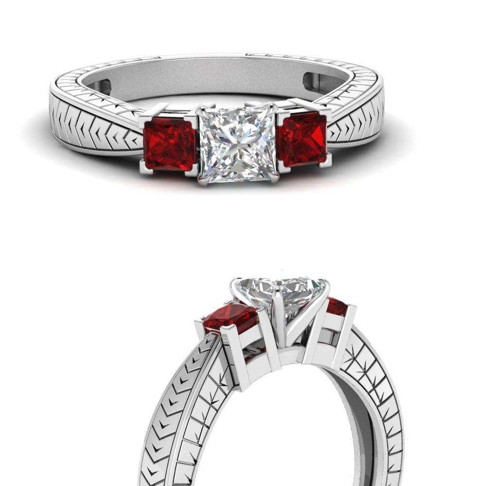 princess cut vintage 3 stone engagement ring with ruby in FDENR1194PRRGRUDRANGLE3 NL WG