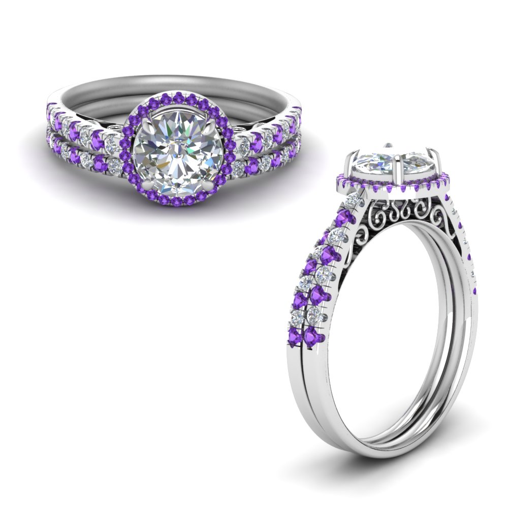 purple topaz pave halo diamond vintage bridal set in FD8592ROGVITOANGLE1 NL WG