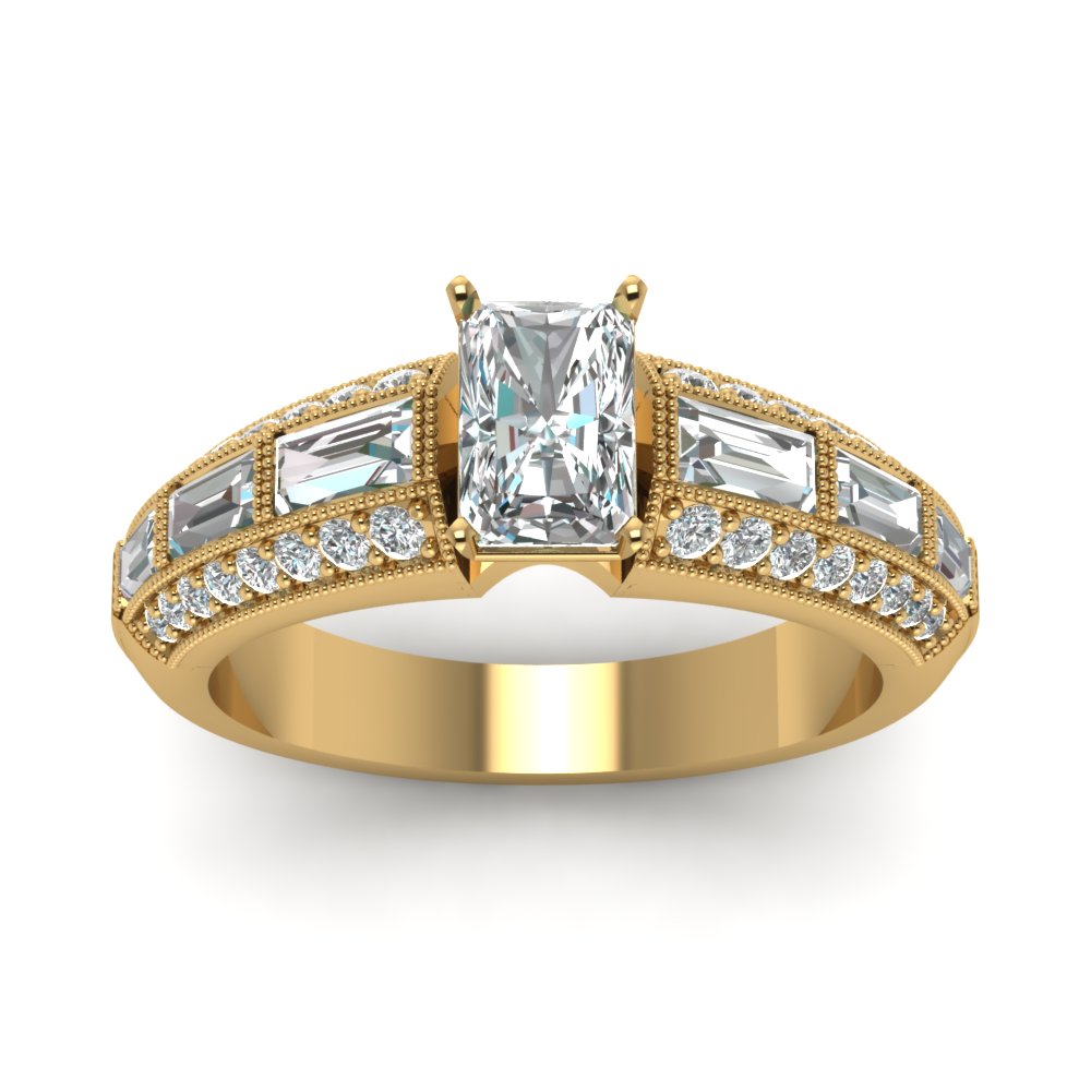 Antique Baguette Radiant Diamond Engagement Ring In 18K Yellow Gold ...