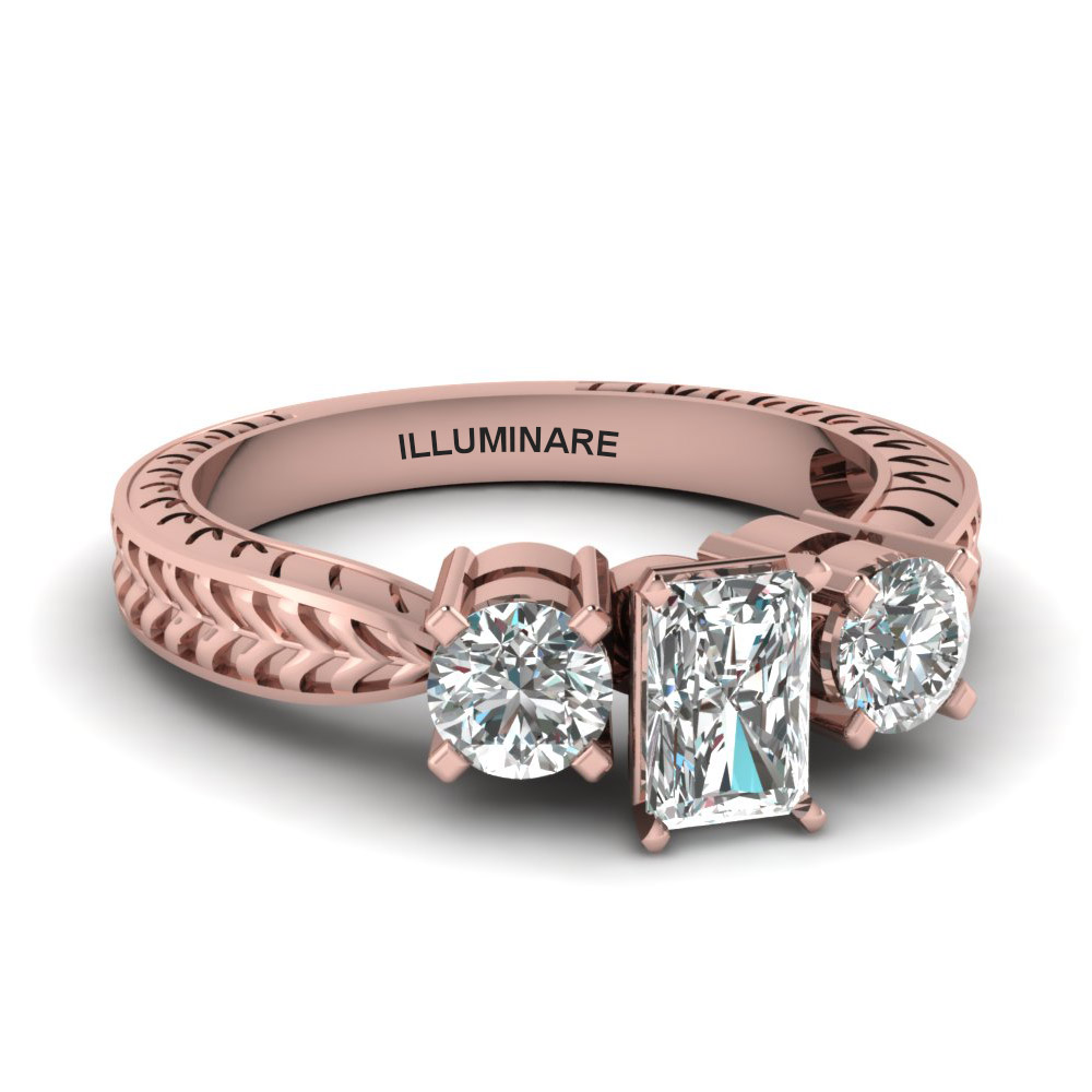 Rose Gold Radiant Cut 3 Stone Diamond Engagement Rings
