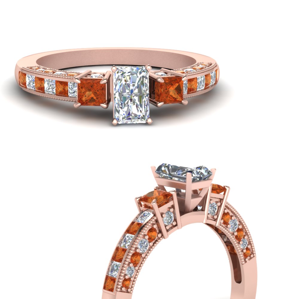 Radiant Cut Channel Set 3 Diamond Accent Engagement Ring With Orange  Sapphire In 14K Rose Gold