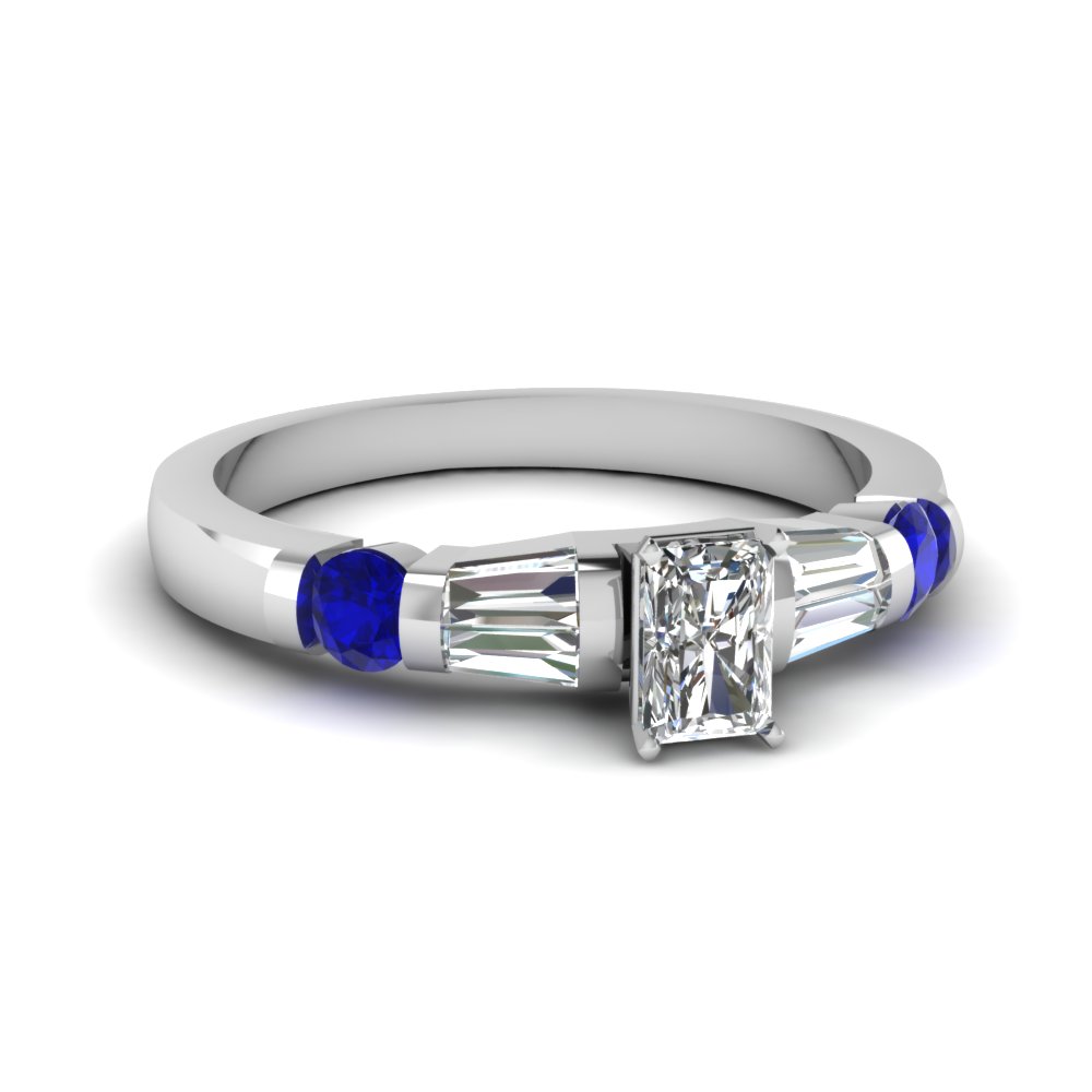 Radiant Cut Diamond Bar Set Baguette Engagement Ring With Sapphire In ...