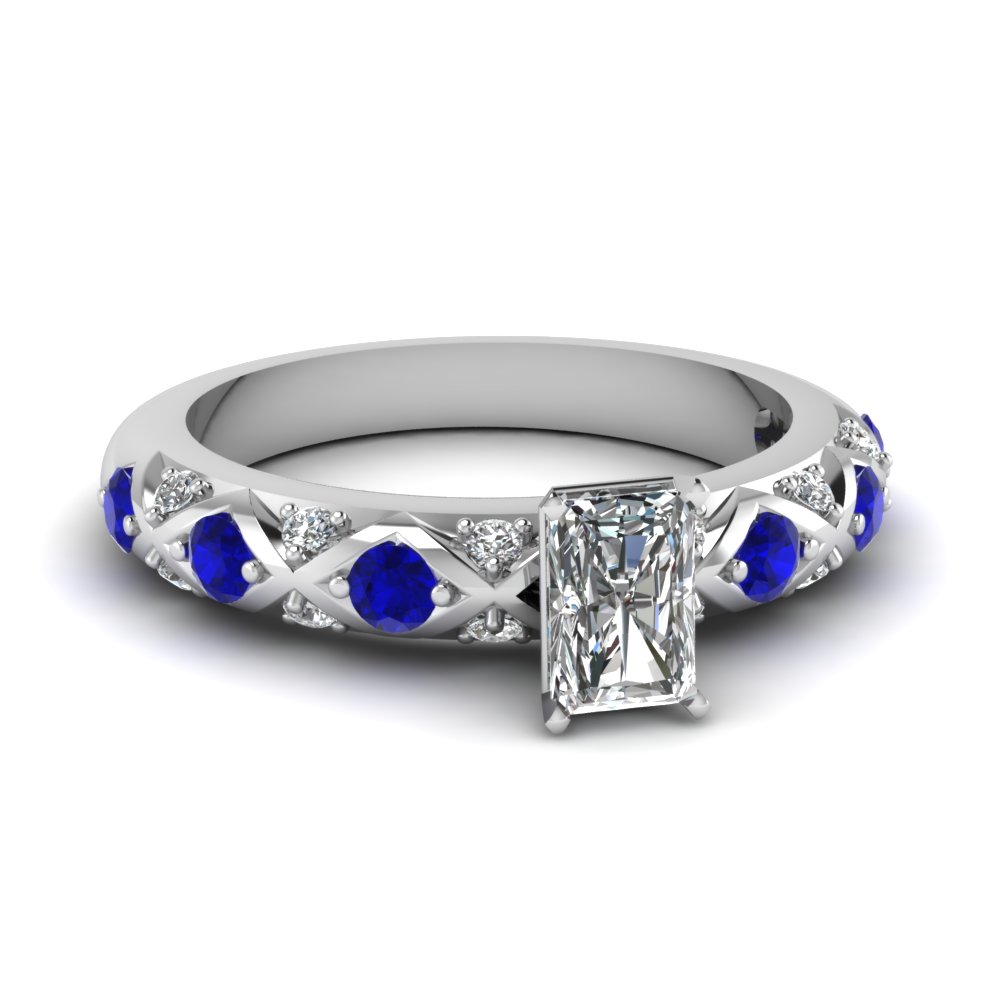 cross design radiant cut pave diamond engagement ring with sapphire in FDENS1482RARGSABL NL WG