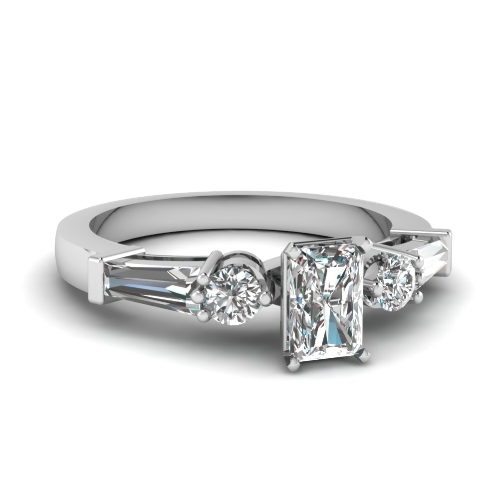 Radiant Cut 5 Stone Engagement Ring With Baguettes In 14K White Gold ...