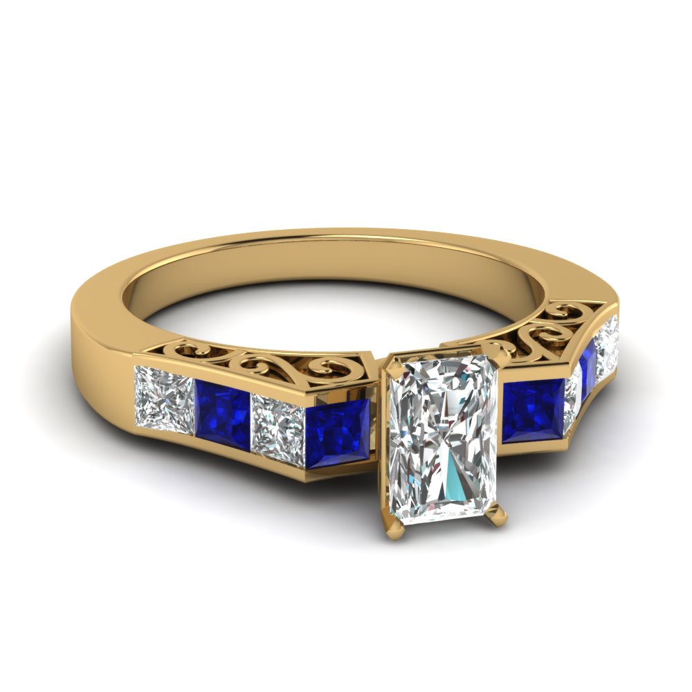 Filigree Carved Princess Cut Diamond And Sapphire Accented Radiant Ring