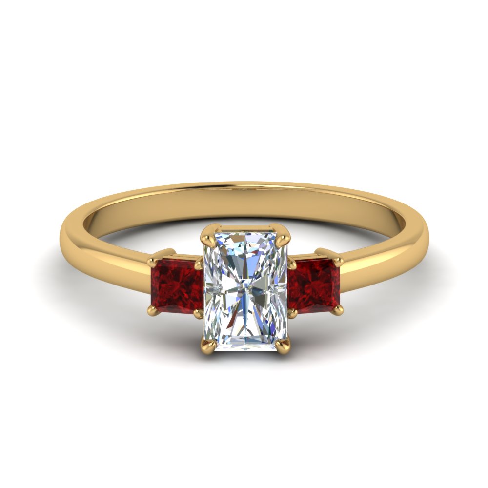 3 Stone Radiant Cut Engagement Ring With Ruby In 14K ...