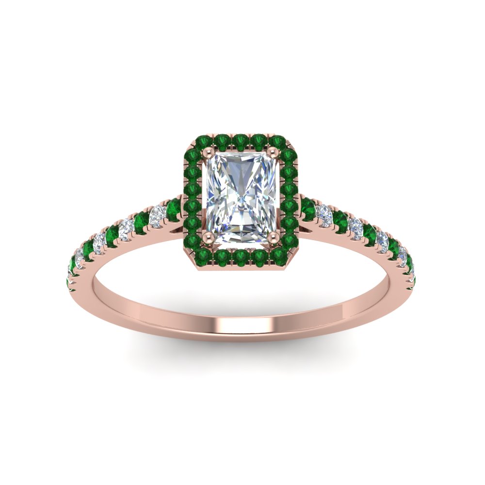 Radiant Cut French Pave Halo Diamond Engagement Ring With Emerald In ...