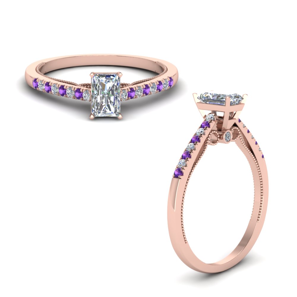 radiant cut high set milgrain diamond engagement ring with purple topaz in FDO50845RARGVITOANGLE1 NL RG