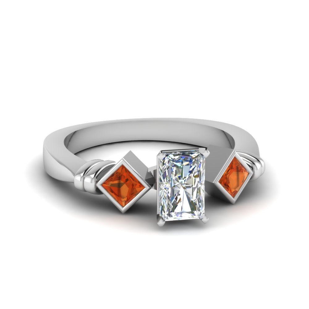 radiant cut kite set 3 diamond engagement ring with orange sapphire in FDENR1414RARGSAOR NL WG