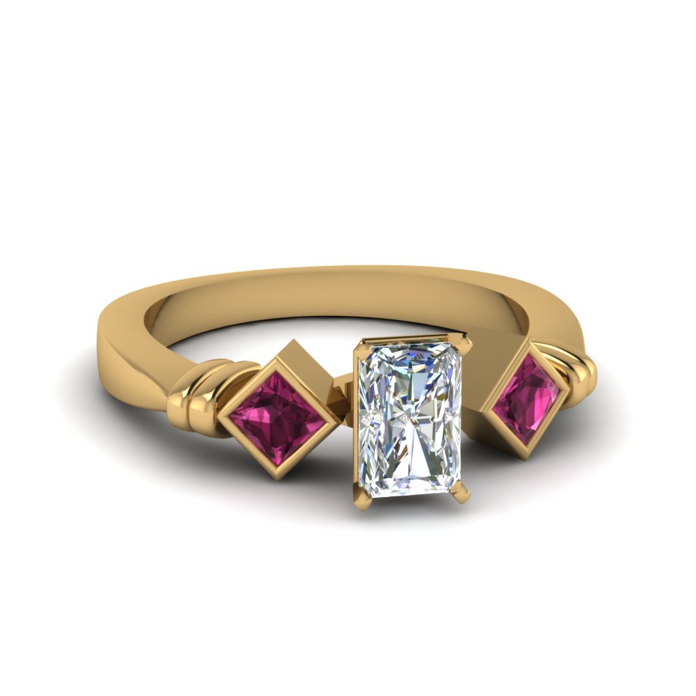 radiant cut kite set 3 diamond engagement ring with pink sapphire in FDENR1414RARGSADRPI NL YG