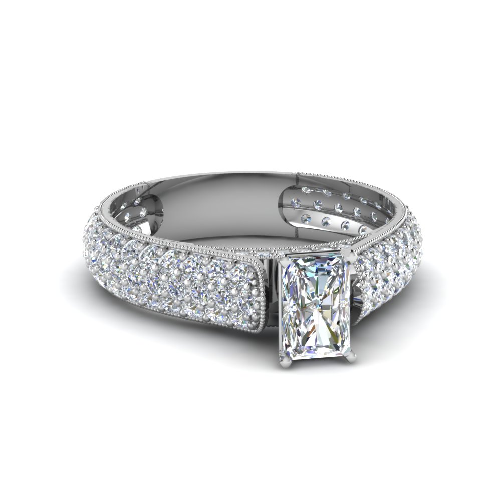 Radiant Cut Milgrain Multi Row Pave Diamond Engagement Ring In 14K ...