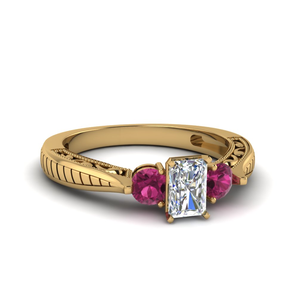 radiant cut vintage style three stone engagement ring with pink sapphire in 14K yellow gold FDENR1814RARGSADRPI NL YG