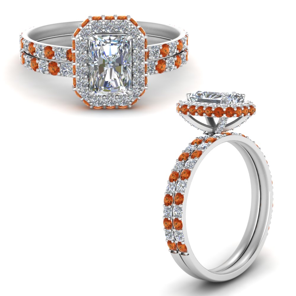rollover radiant cut halo engagement ring and band with orange sapphire in white gold FD9376RAGSAORANGLE3 NL WG