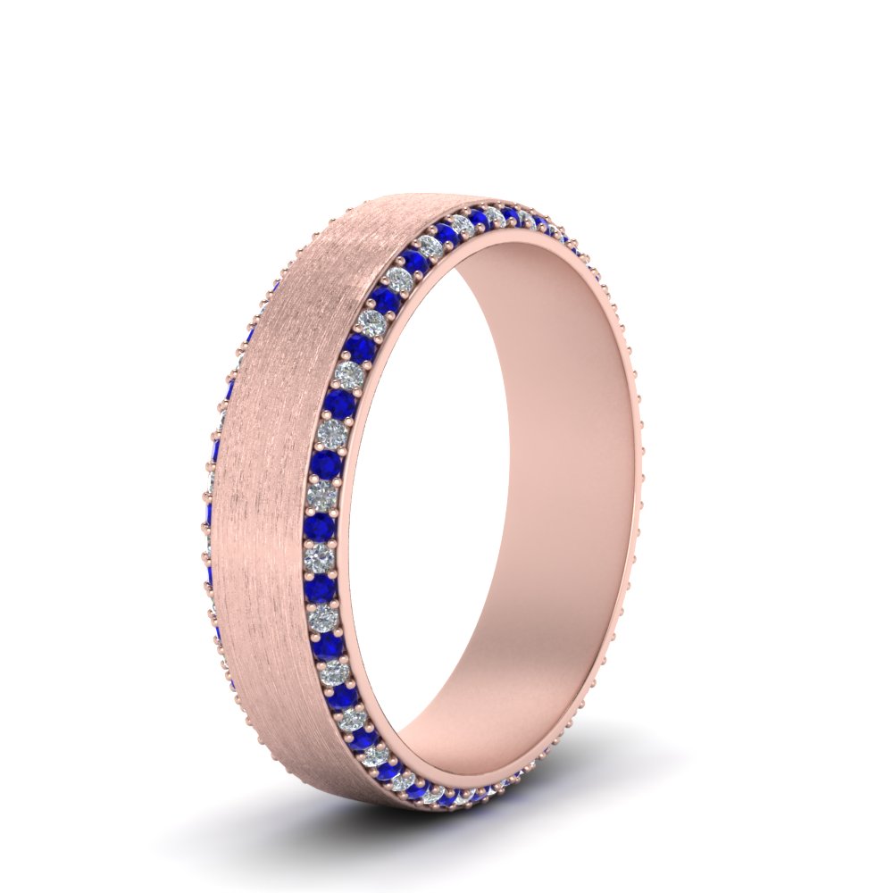 Brushed Pave Diamond Mens Wedding Band With Sapphire In