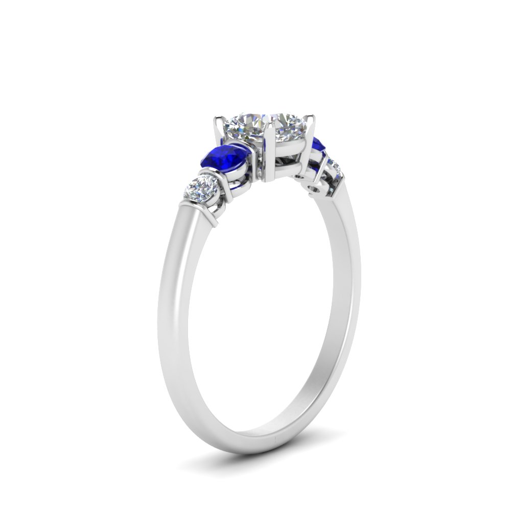 Round Accent Bar Set Cushion Cut Diamond Engagement Ring With Sapphire ...