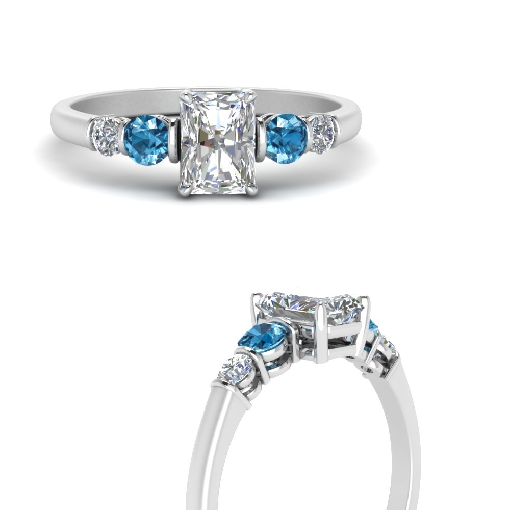 Round Accent Bar Set Radiant Cut Diamond Engagement Ring With Blue ...