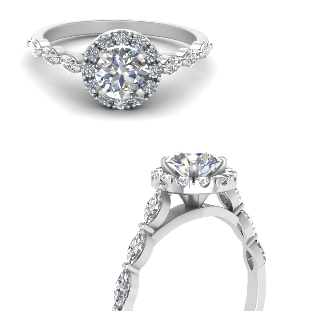 Round And Marquise Halo Engagement Ring In 18k White Gold 