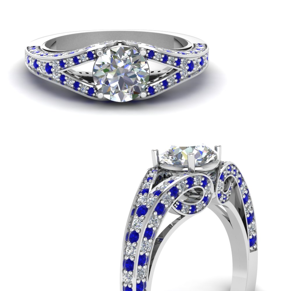 Antique Pave Wrap Diamond Engagement Ring With Sapphire In 14K White ...