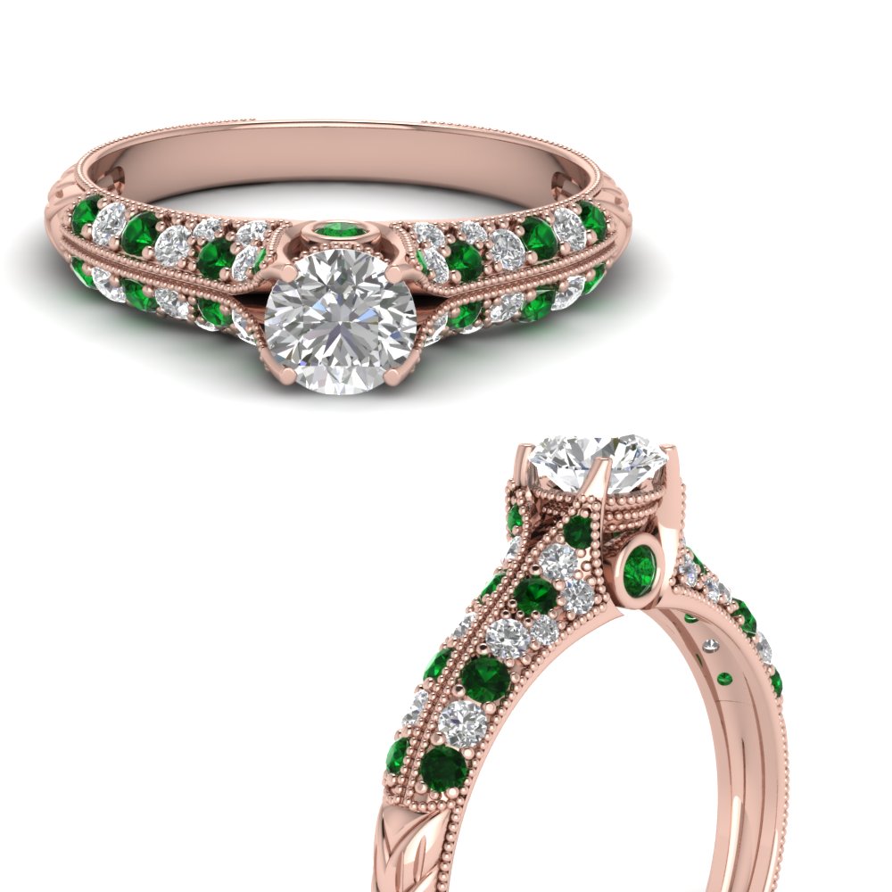 round cut 2 row milgrain diamond engagement ring with emerald in FDENR6253RORGEMGRANGLE3 NL RG.jpg