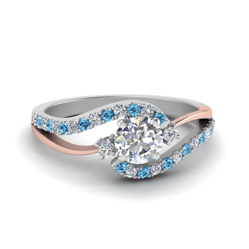 Round Cut 2 Tone 3 Stone Diamond Swirl Engagement Ring With Blue Topaz ...