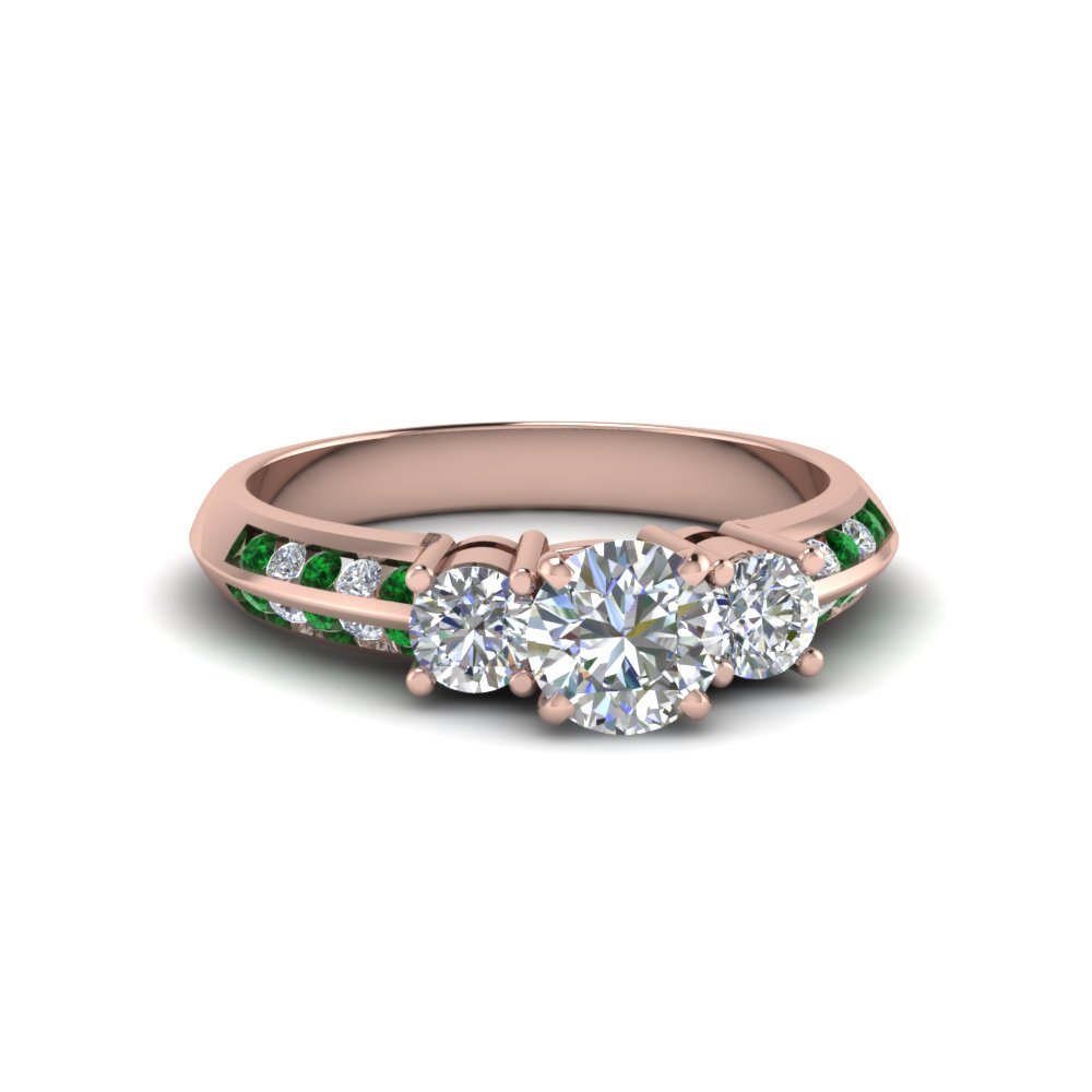 round cut 3 stone channel accent diamond engagement ring with emerald in FD8313RORGEMGR NL RG