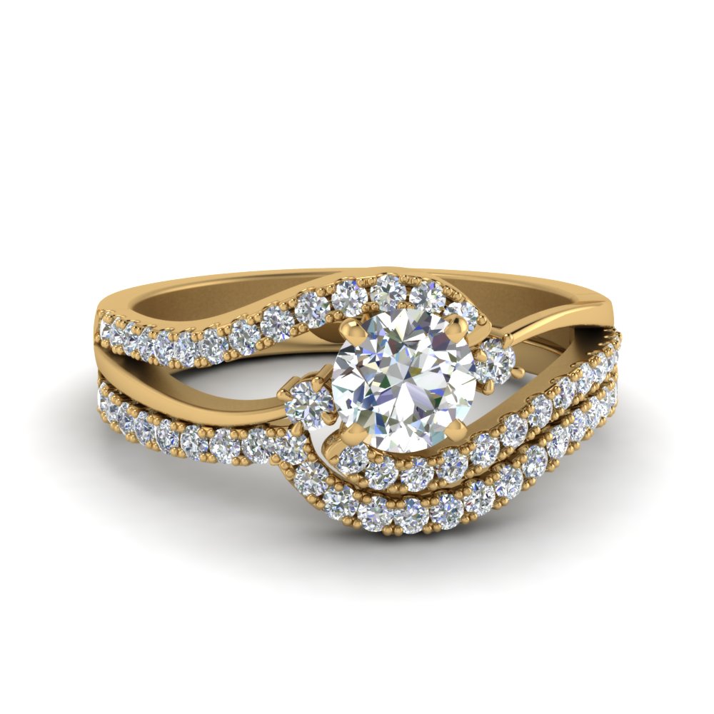 Round Cut 3 Stone Diamond Swirl Bridal Set In 14k Yellow Gold Fascinating Diamonds