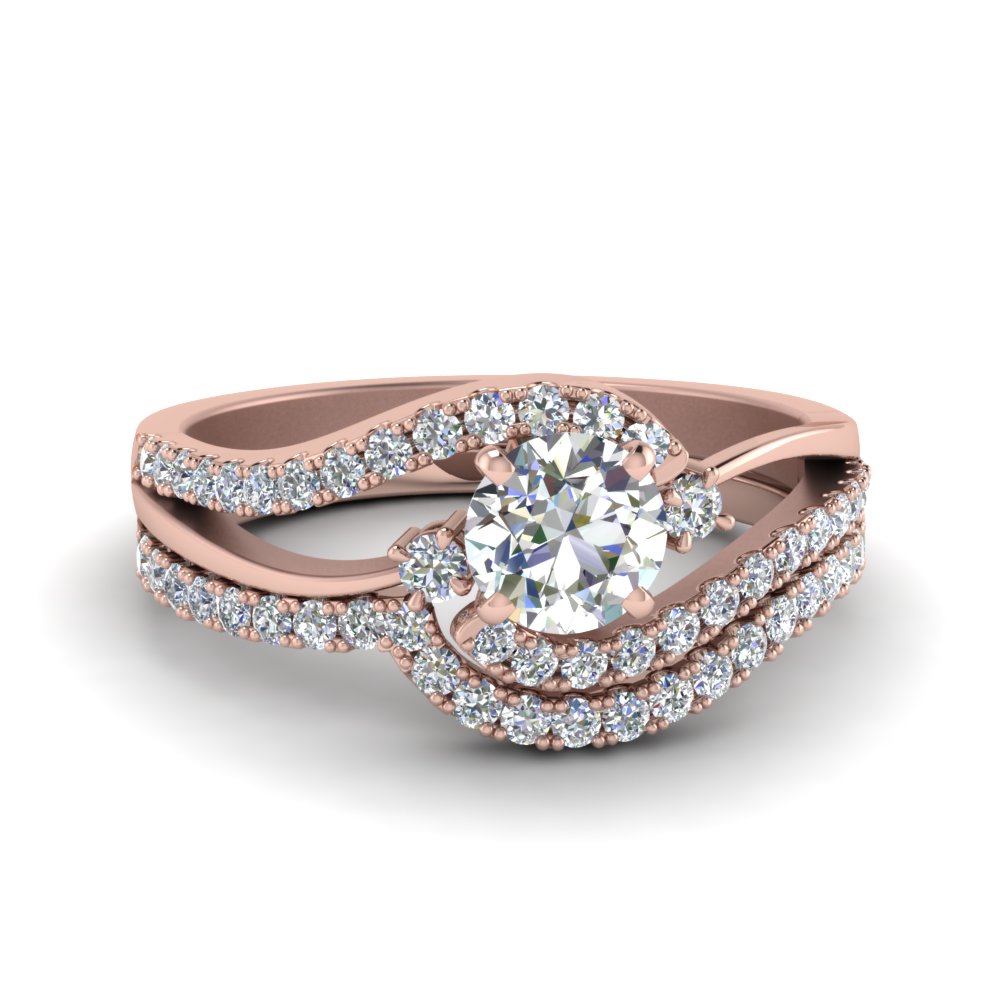 round cut 3 stone diamond swirl bridal set in 18K rose gold FDO50895RO NL RG