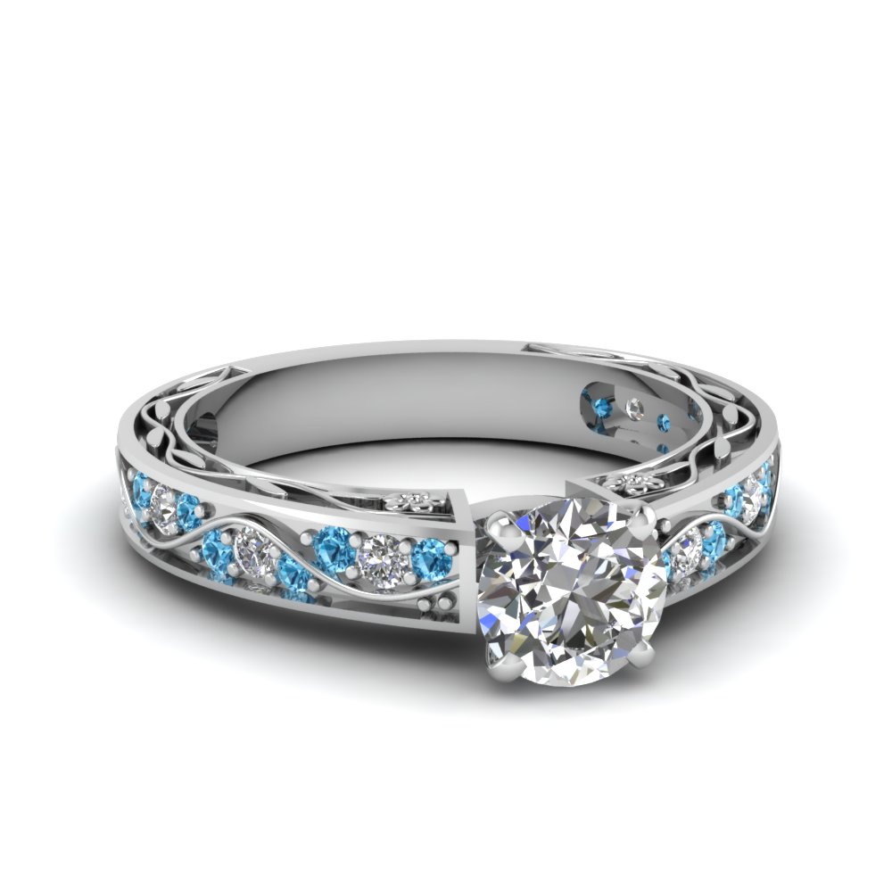 antique filigree round cut diamond engagement ring with blue topaz in FDENS3543RORGICBLTO NL WG