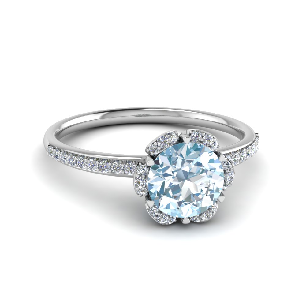 Floral Halo Aquamarine Engagement Ring In 18K White Gold | Fascinating ...