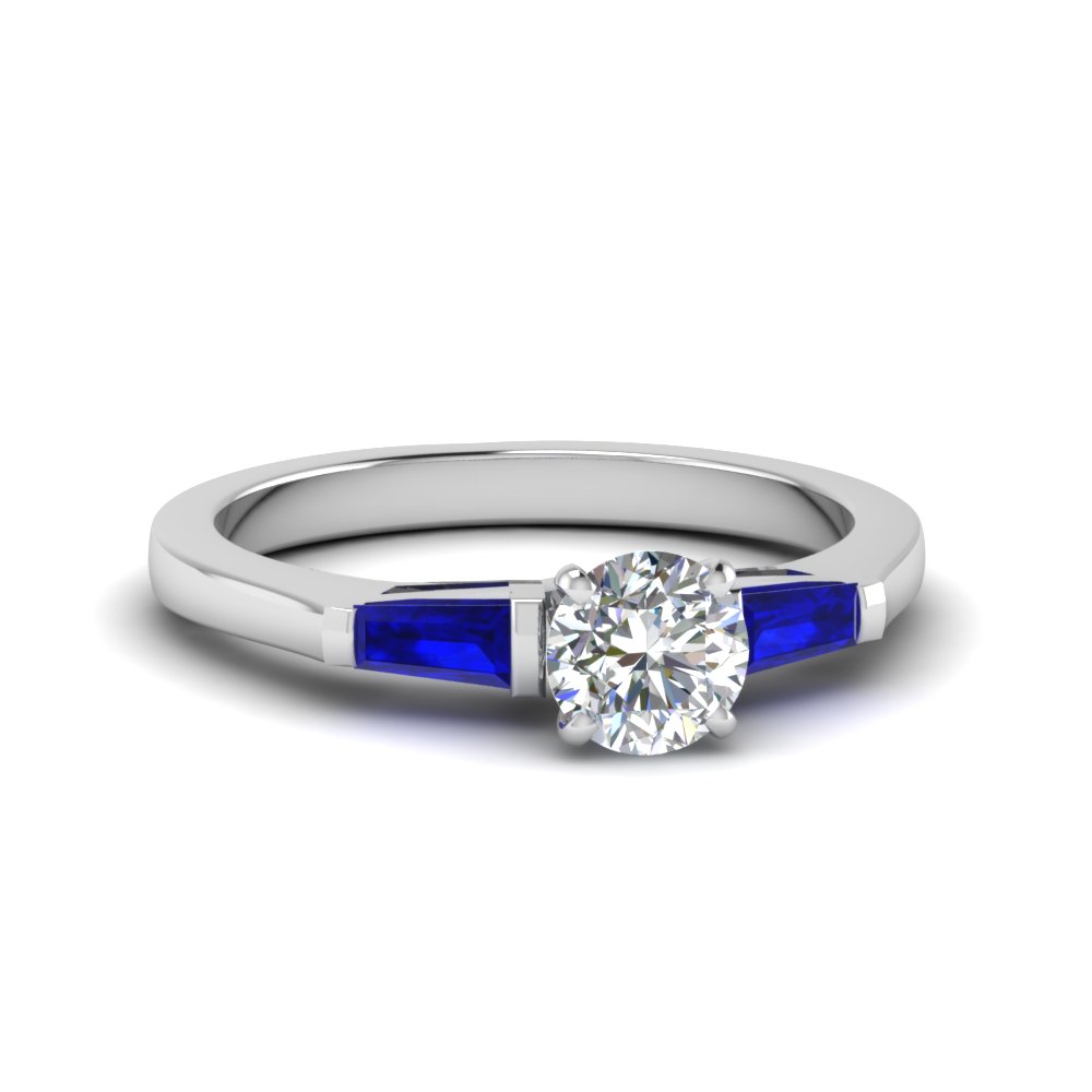 Round Cut 3 Stone Engagement Ring With Sapphire Baguette In 14K White ...