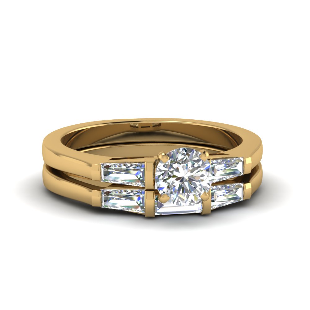 Baguette With Round Cut 3 Stone Wedding Set In 14k Yellow Gold Baguette With Round Cut 3 Stone Wedding Set In Fdens100ro Nl Yg