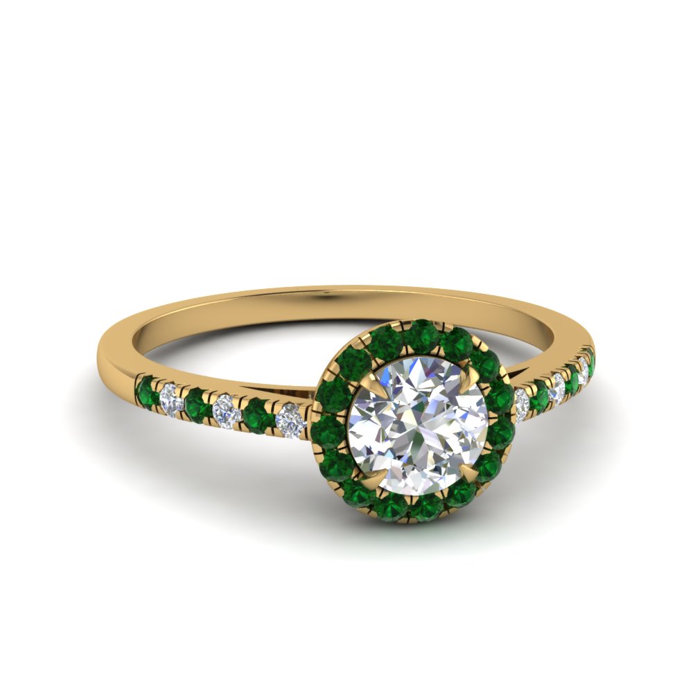 beautiful french pave halo diamond engagement ring with emerald in FD1024RORGEMGR NL YG
