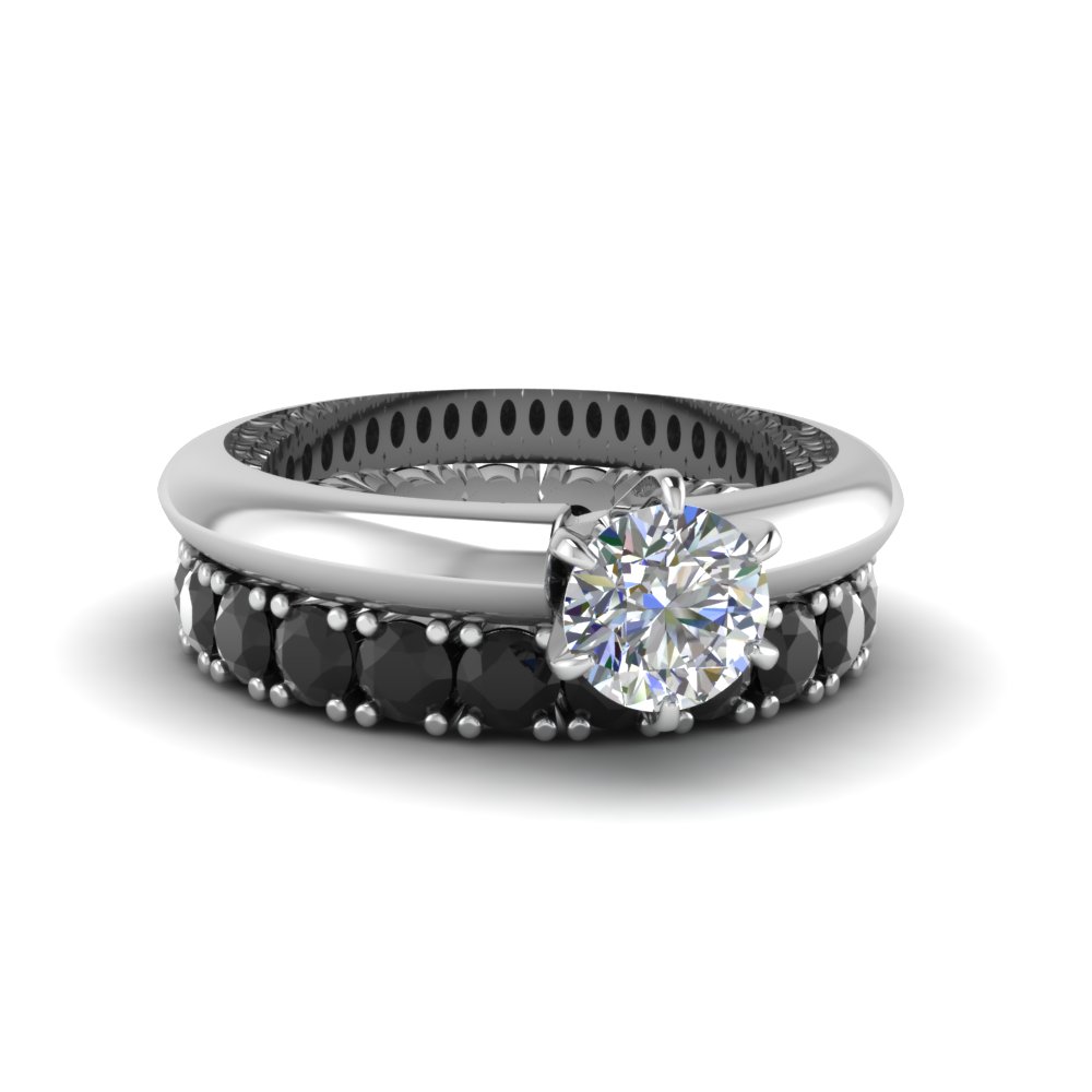 Engagement Ring Solitaire Black Diamond and White Diamond Wedding Band