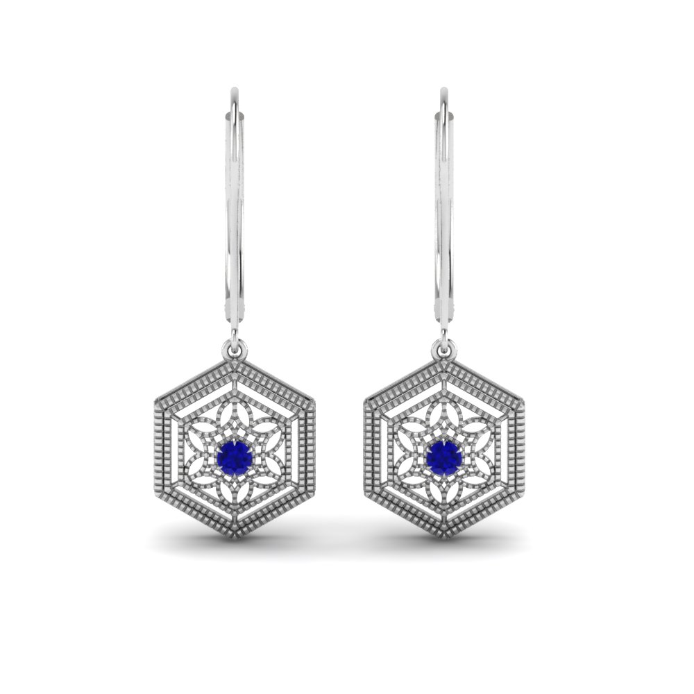 14K Gold Over Round And Blue Sapphire Diamond Milgrain Earring Art Deco Antique Vintage Diamond Earrings Lever Back Drop & Dangle Earrings