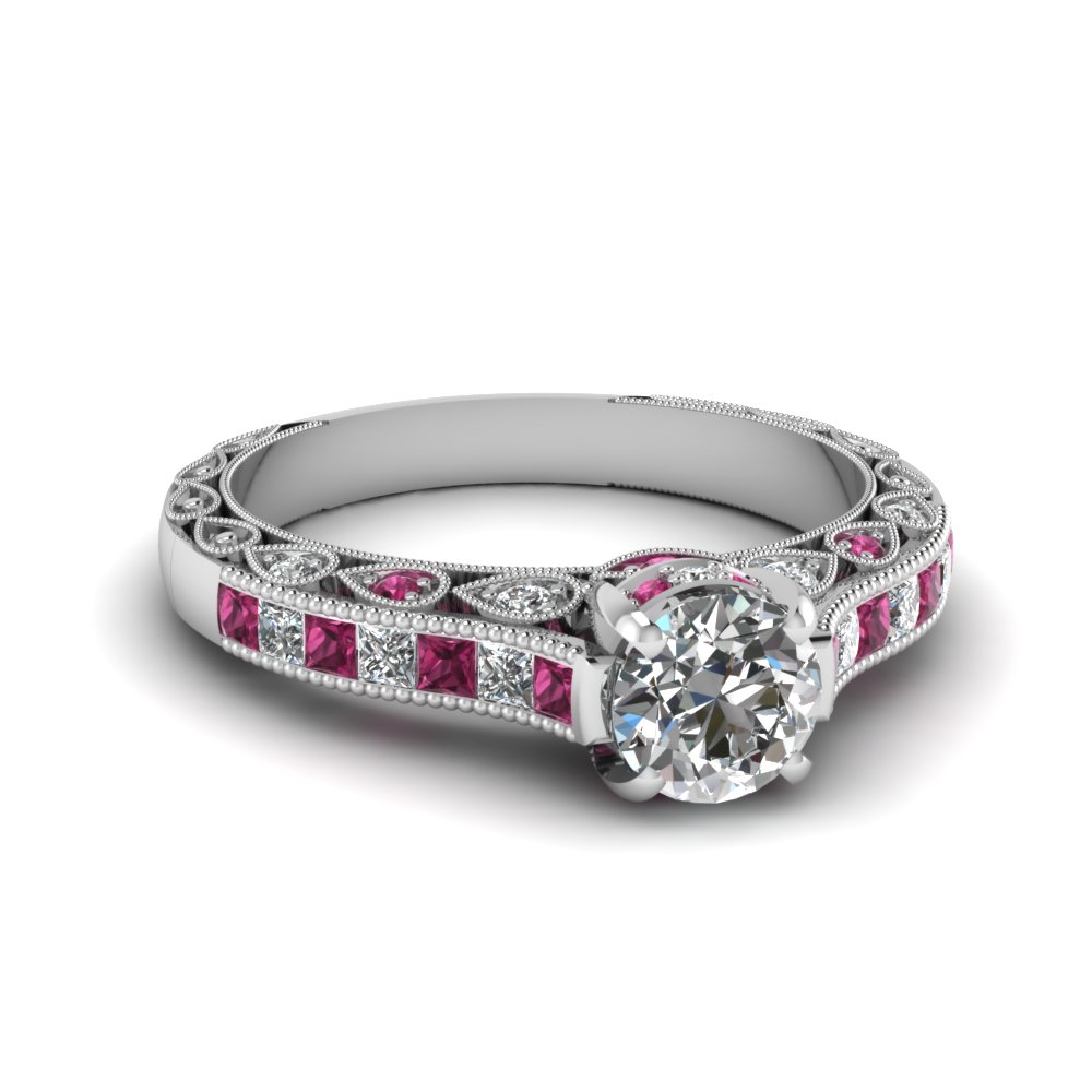 Round Cut Cathedral Setting Vintage Style Diamond Ring With Pink Sapphire In 950 Platinum FDENR6819RORGSADRPI NL Round Cut Cathedral Setting Vintage Style Diamond Ring With Pink Sapphire In 950 Platinum FDENR6819RORGSADRPI NL