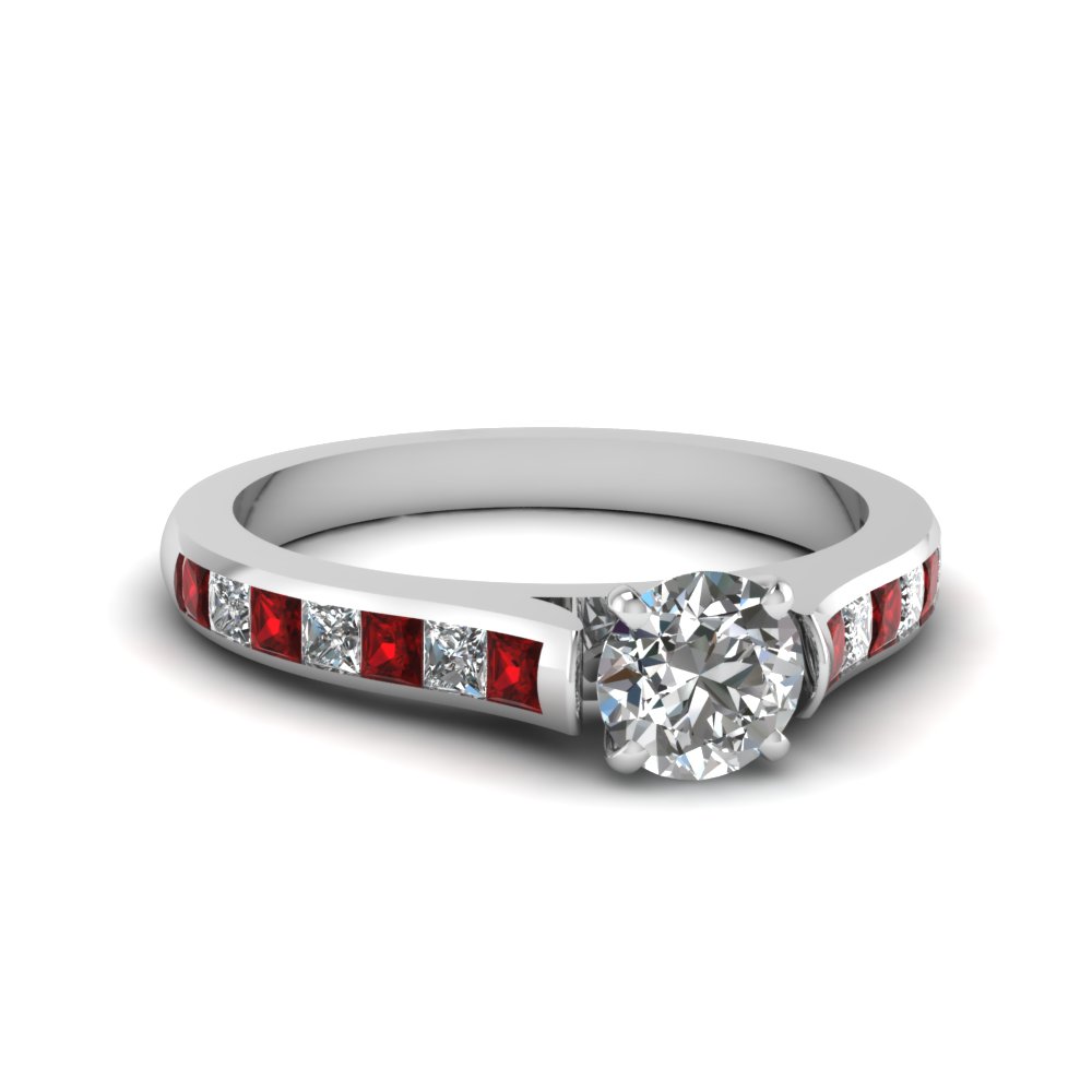 round cut cathedral channel set diamond engagement ring with ruby in 14K white gold FDENS877RORGRUDR NL WG 30