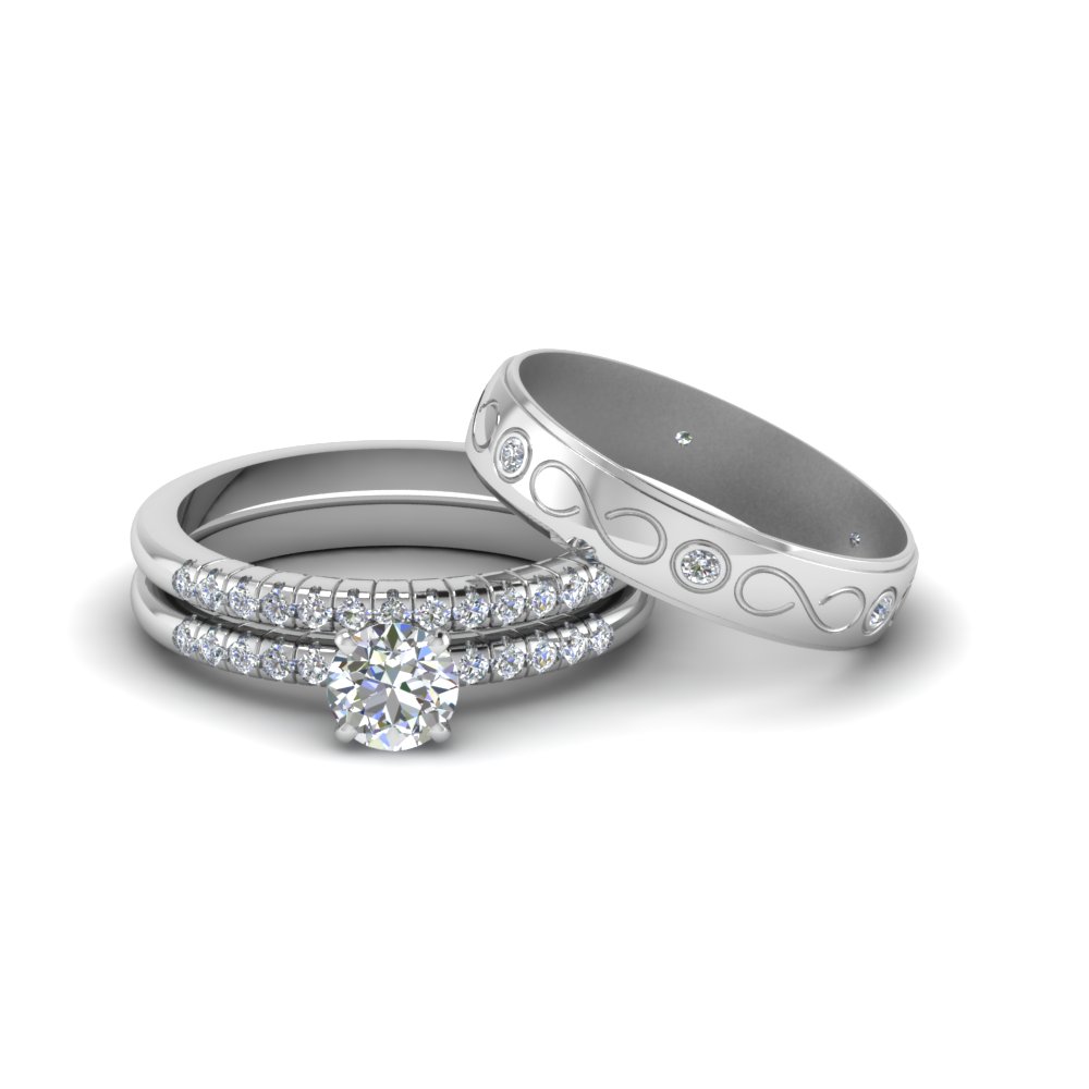 Round Cut Diamond Trio Matching Wedding Set For Him And Her In 950