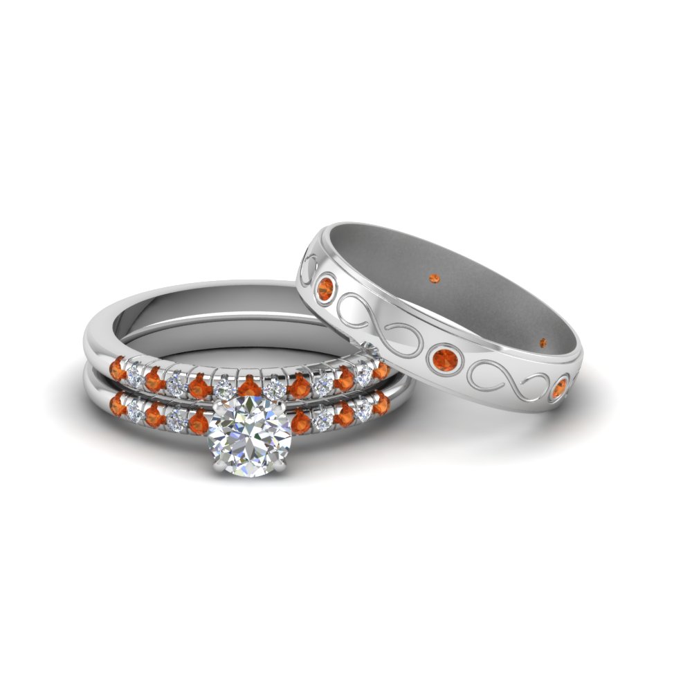 Orange Sapphire Trio Wedding Ring Set 