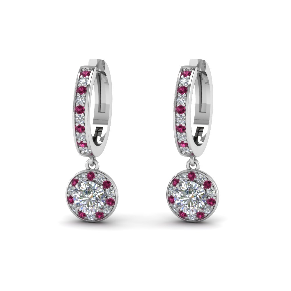 Round Cut Diamond Hoops Earrings With Pink Sapphire In 14k White Gold Fascinating Diamonds