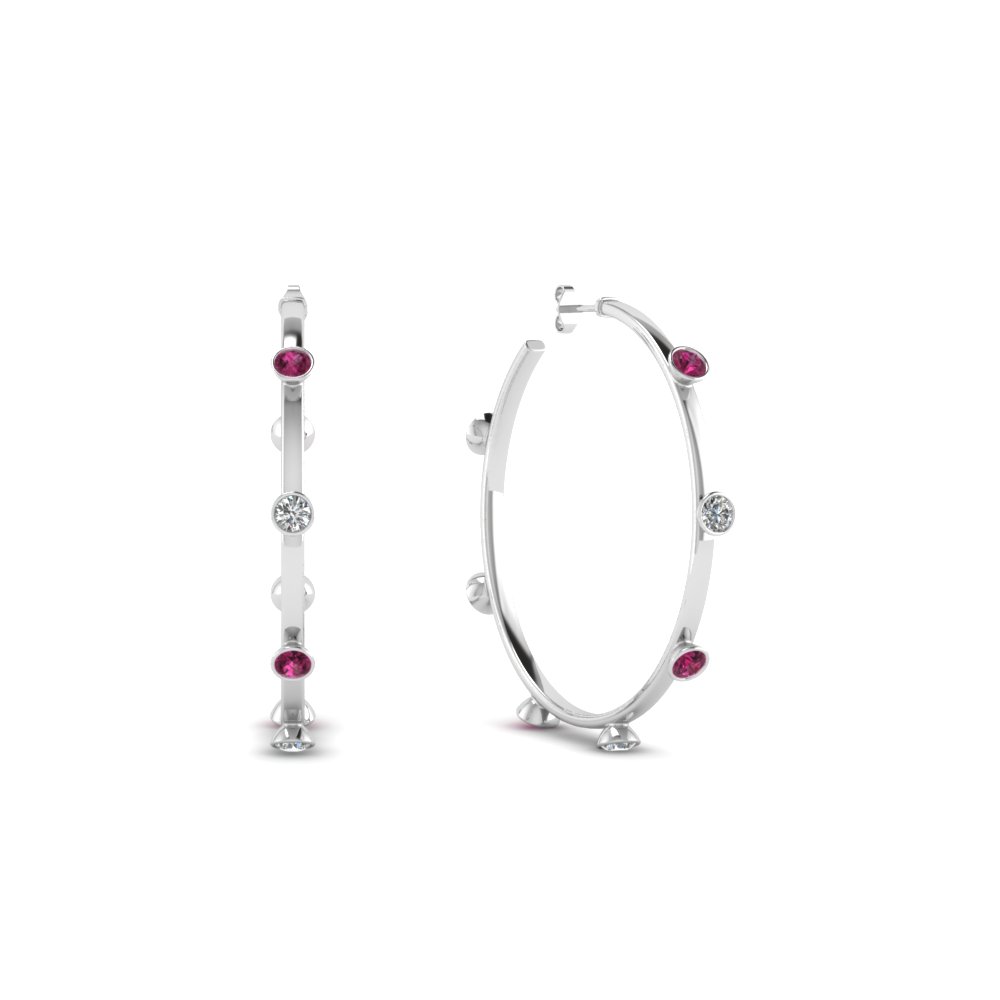 Petite Diamond Hoop Earring With Pink Sapphire In 14K Rose Gold ...