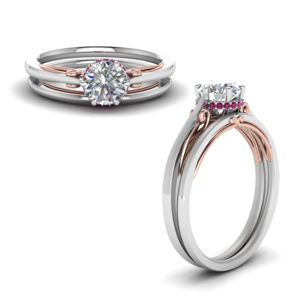 round cut delicate 2 tone wedding set with pink sapphire in FD123488ROGSADRPIANGLE1 NL WG