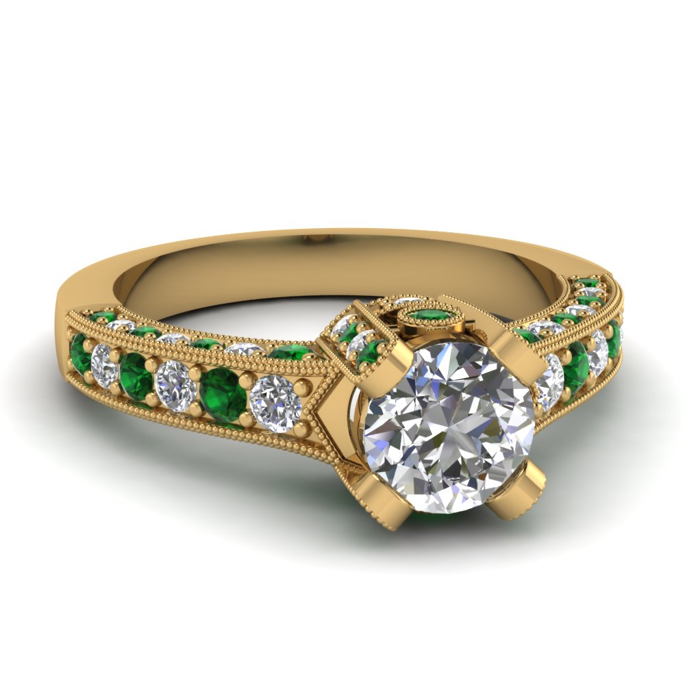 Round Cut Diamond Accented Milgrain Engagement Ring With Emerald In 14K