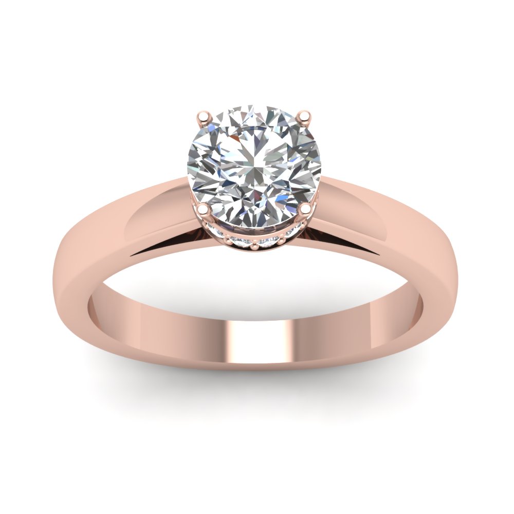 Round Cut Diamond Bejeweled Crown Side Stone Ring In 14K Rose Gold ...