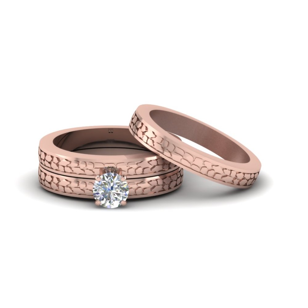 Flush Set Trio Matching Diamond Wedding Rings For Couples In 14k